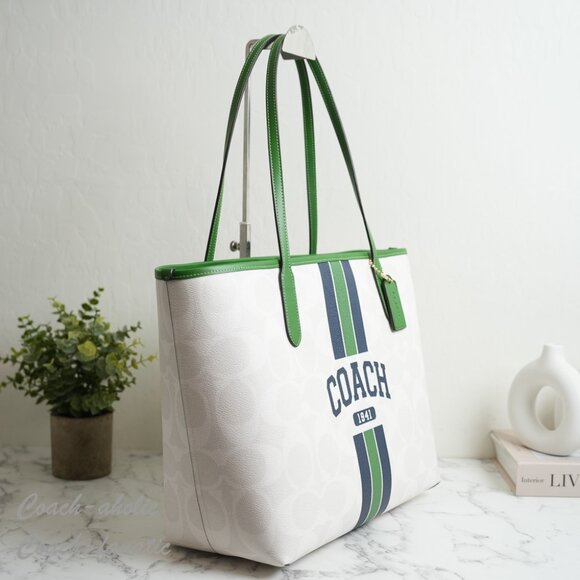 NWT Coach CBI79 City Tote Bag In Signature Canvas With Coach Graphic Chalk/Kelly - Picture 4 of 9